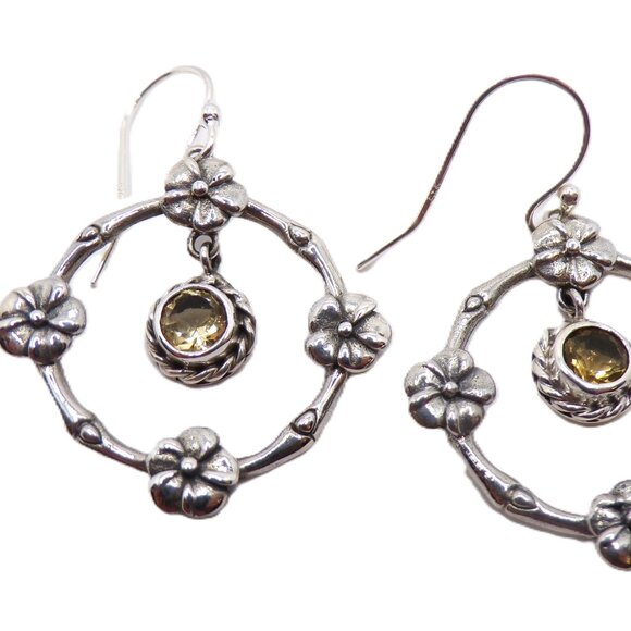 Sterling Silver Citrine Earrings Featuring Boho Plumeria Flower Dangles - Picture 1 of 8